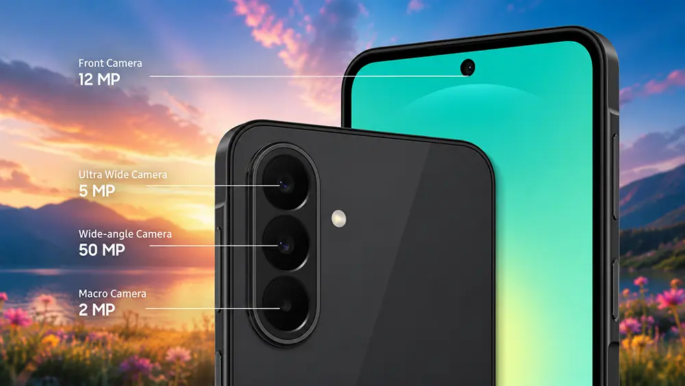 Samsung Galaxy A27 Black — дизайн і камери нового смартфона Samsung Samsung Galaxy A27 Black із потрійною камерою 50 МП на тлі мальовничого заходу сонця